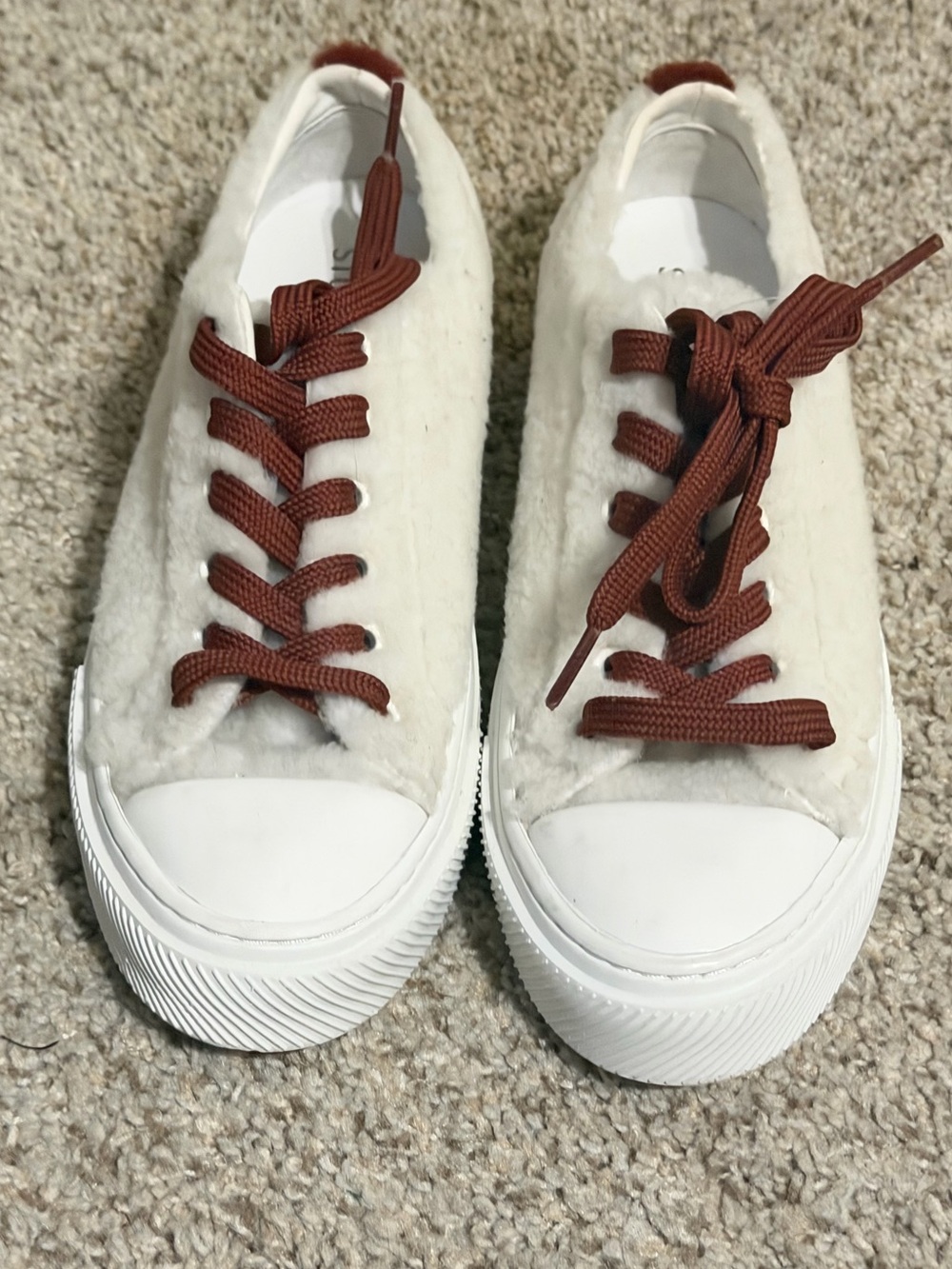 Stuart Weitzman Cream Sherpa Sneakers with Maroon Laces